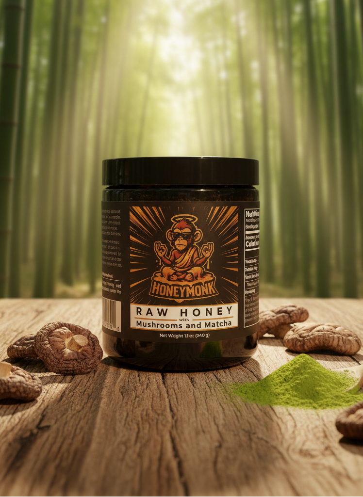 HoneyMonk original jar with bamboo forest background